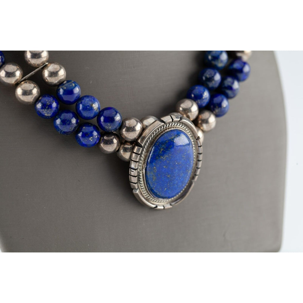 STC Sterling Silver Double Strand Beaded Lapis Lazuli Pendant Necklace