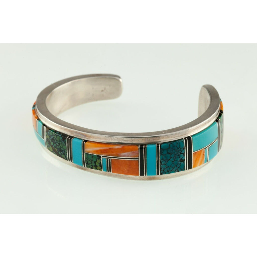 Navajo Harry B. Yazzie Inlay Cuff Bracelet w/Turquoise, Coral, Jet 50.2gr