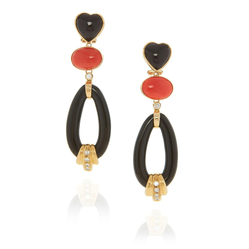 18k Gold, Carved Black Onyx, Cabochon-Cut Coral, 0.45ct Diamond Pendant Earrings