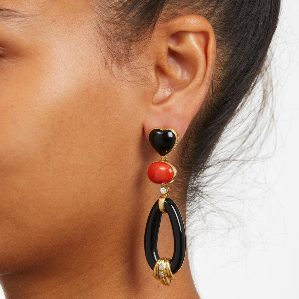 18k Gold, Carved Black Onyx, Cabochon-Cut Coral, 0.45ct Diamond Pendant Earrings