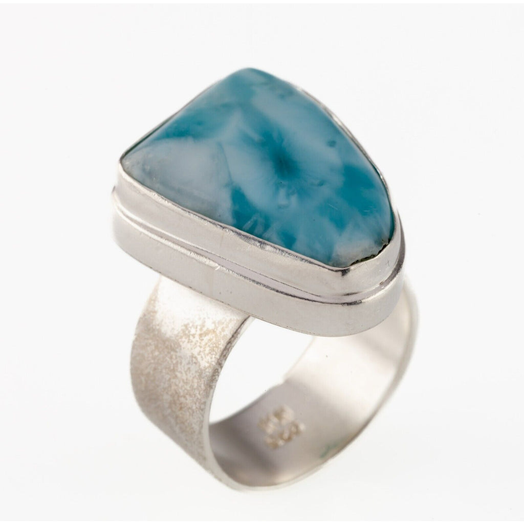 Stunning Triangle Larimar Wide Band Sterling Ring SZ 7