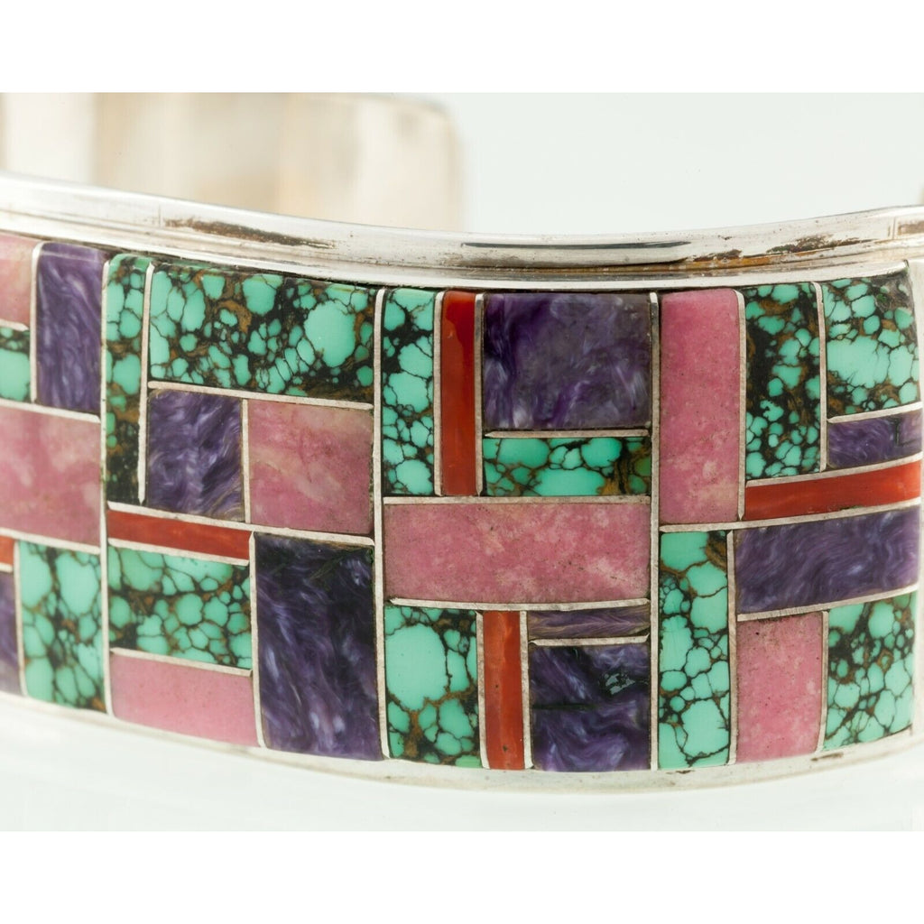 Navajo L. Silversmith Sterling Inlay Cuff Bracelet w/ Turquoise, Coral, Charoite