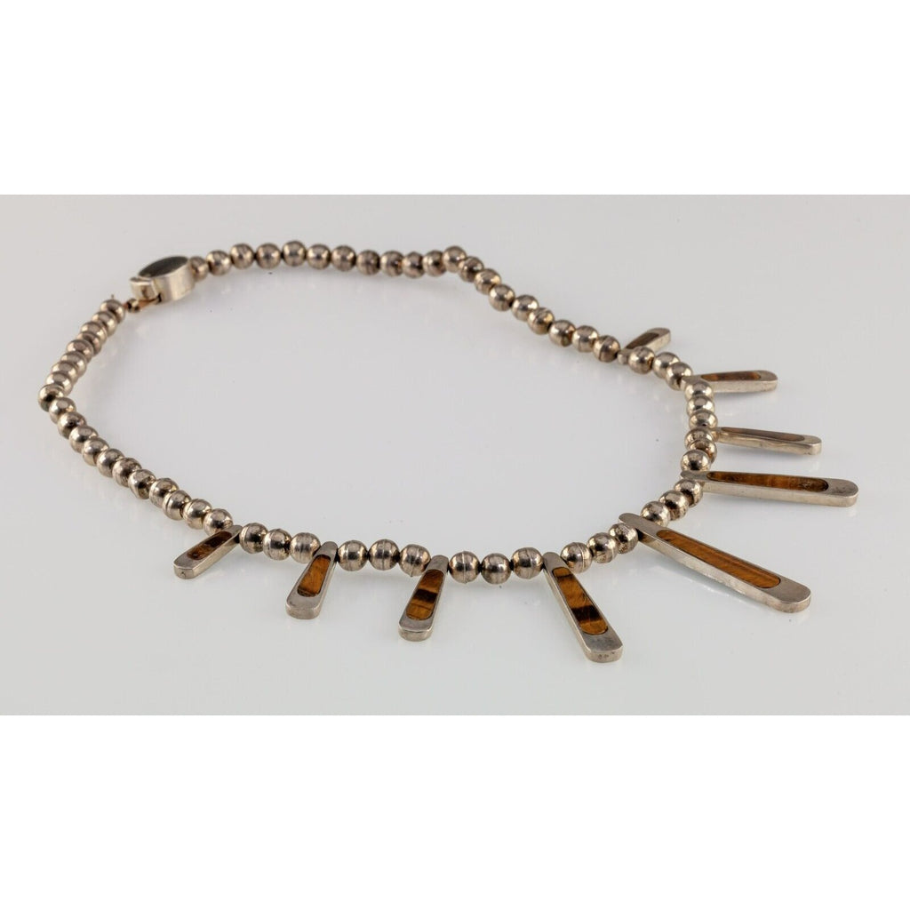 Mexico Sterling Silver Tiger Eye Bib Bead Necklace Gorgeous! 17"