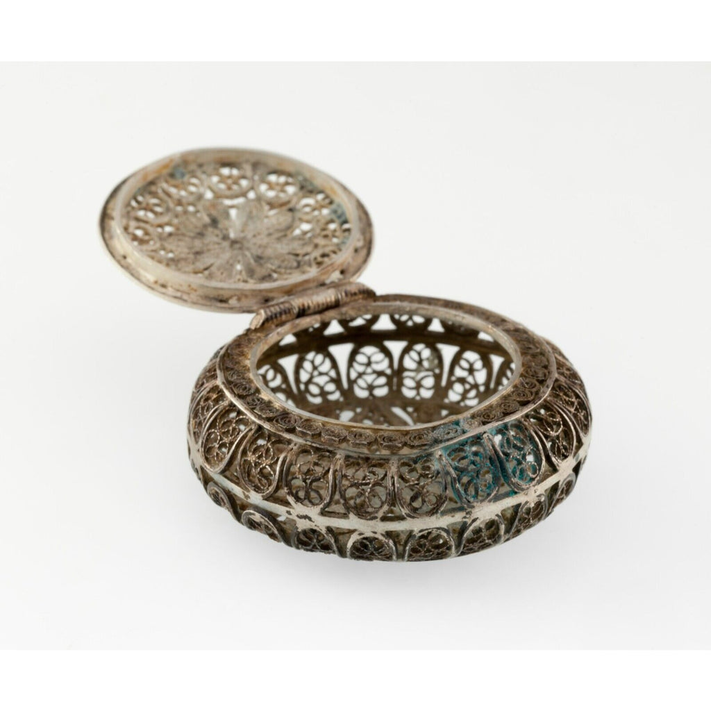 Silver Filigree Antique Pill Box With Sunflower Pattern