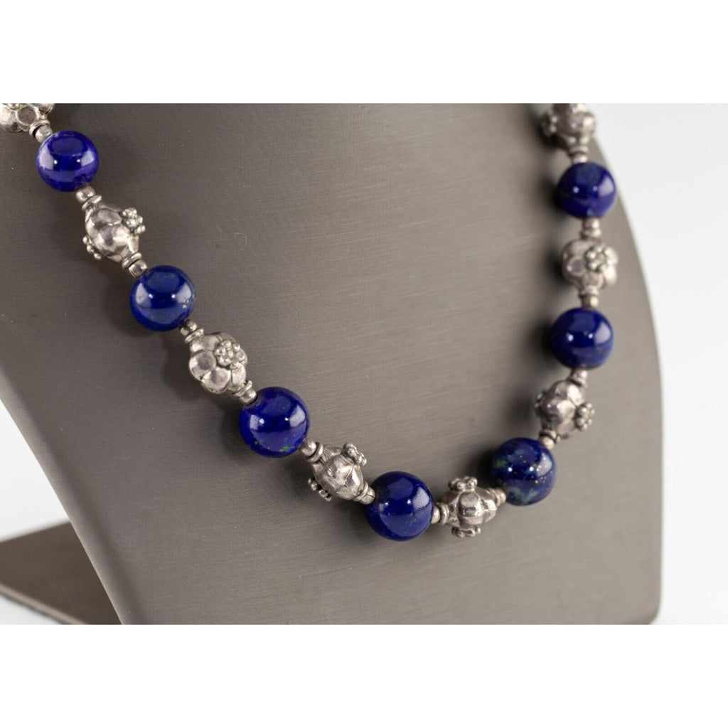 Ornate Sterling Silver Bead and Lapis Lazuli Bead Necklace 17.5"
