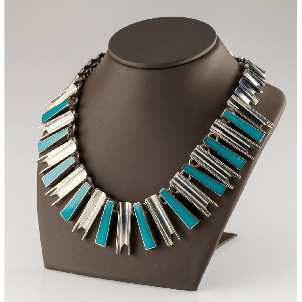 Mexico Sterling Silver Turquoise "Sunbeam" Necklace Gorgeous! 16" Long