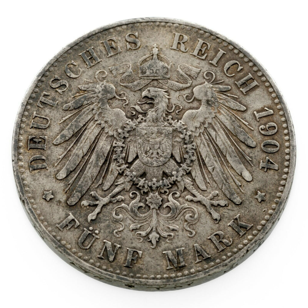 1904A German States Prussia 5 Mark Silver Coin in XF, KM 523