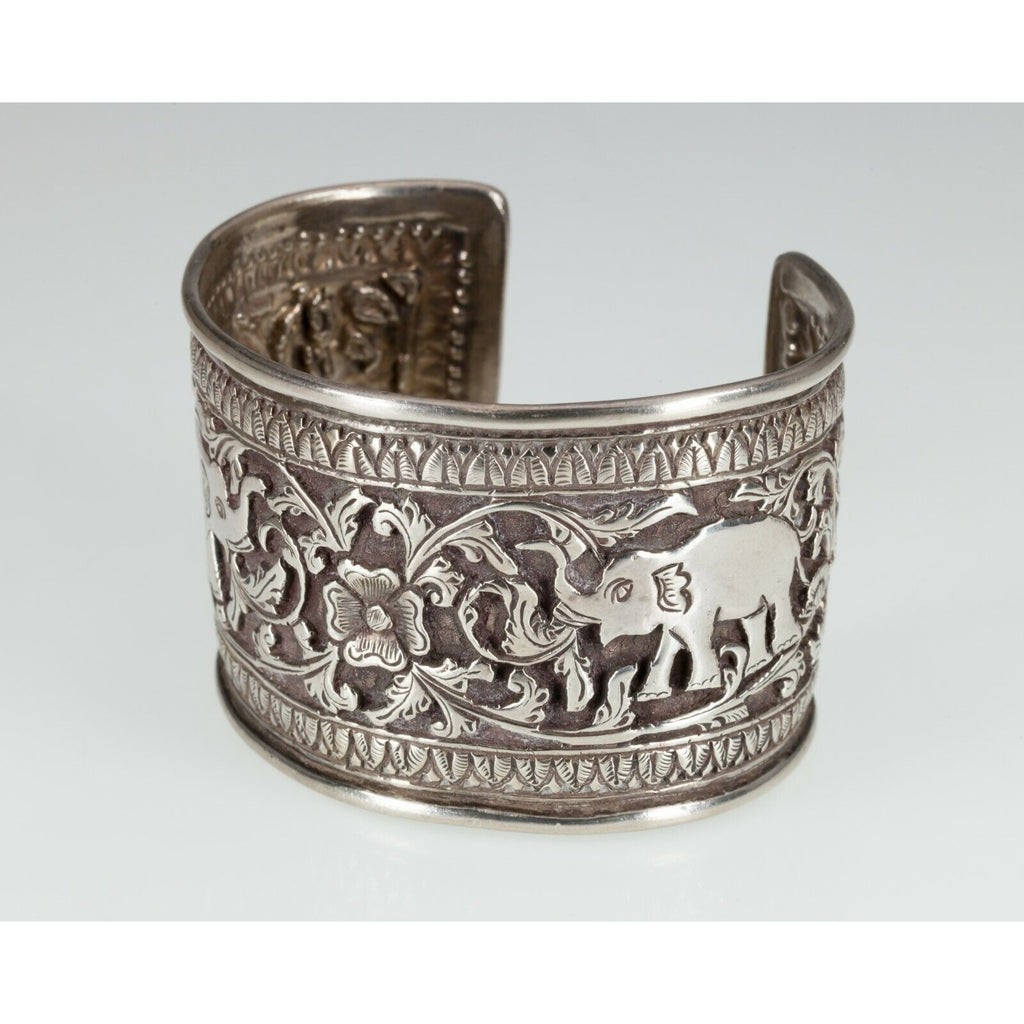 Gorgeous Repousse Elephant Sterling Cuff Bracelet 47mm Wide, 86.7g