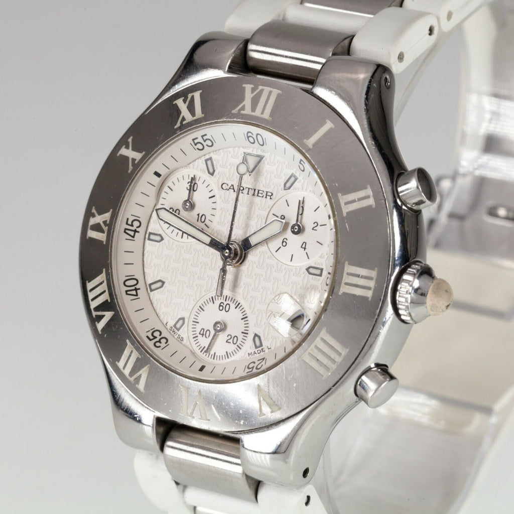 Cartier 2424 Quartz Chronoscaph Watch with Steel and White Rubber Band
