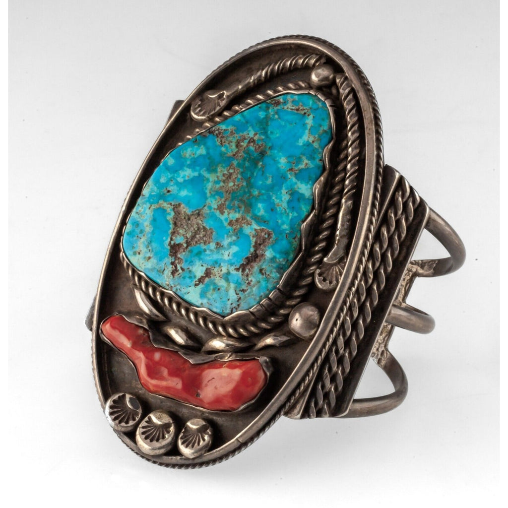 Extra Large Morenci Turquoise & Coral Wide Cuff Sterling Bracelet 90mm