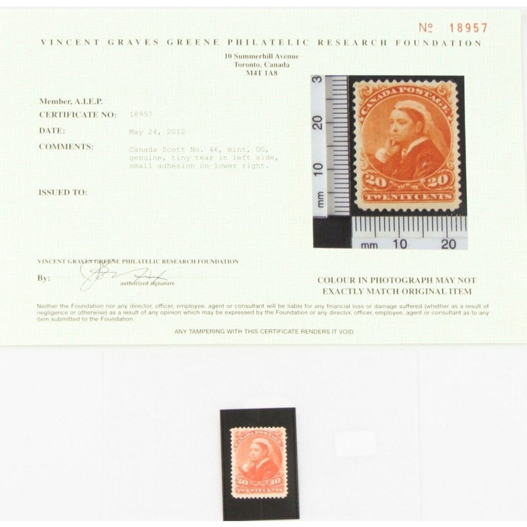 1893 Canada Twenty Cents Stamp, Queen Victoria "Widow Weed", Mint, OG, Scott #46