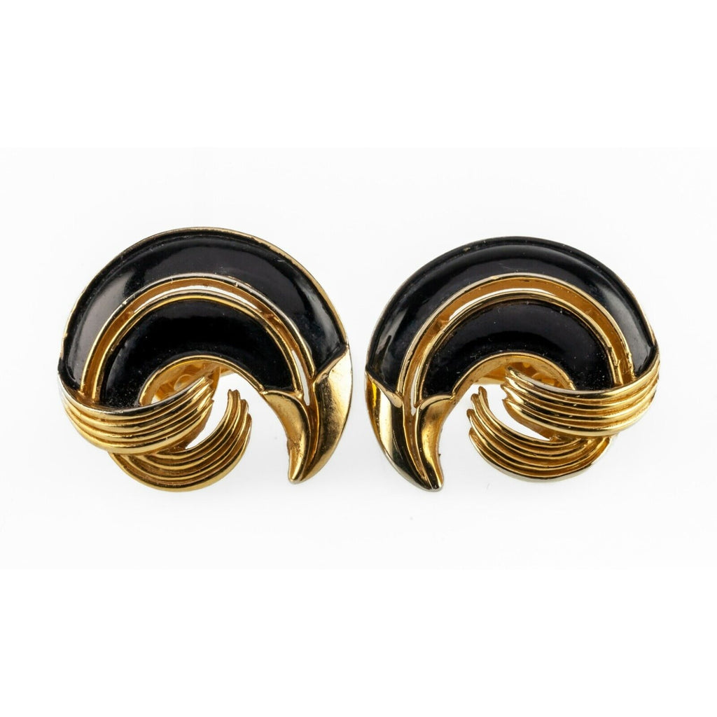 Trifari Vintage Goldtone Black Enamel Swirl Costume Earrings