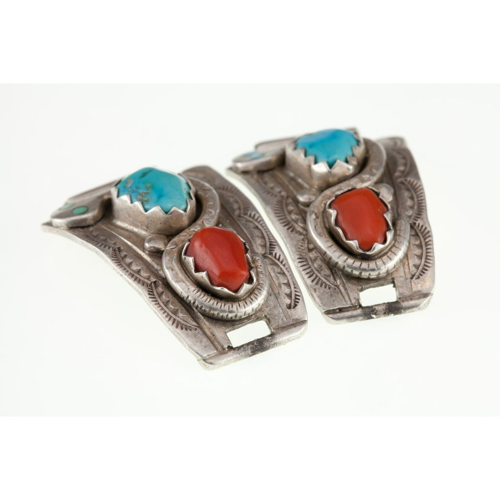 Unique Zuni  Turquoise & Red Coral Watch Band Sterling Links By Effie C.