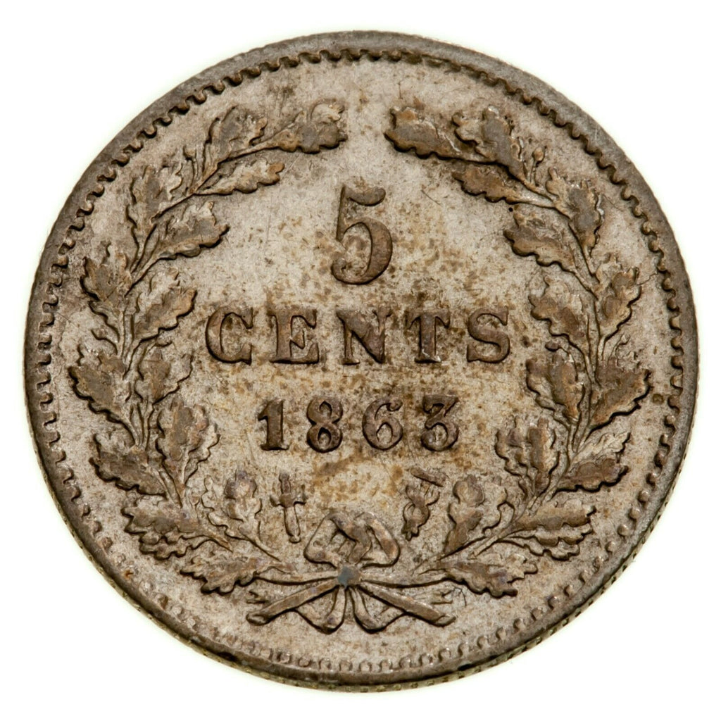 1863 Netherlands 5 Cents Coin in Extra Fine (XF) Condition KM 91