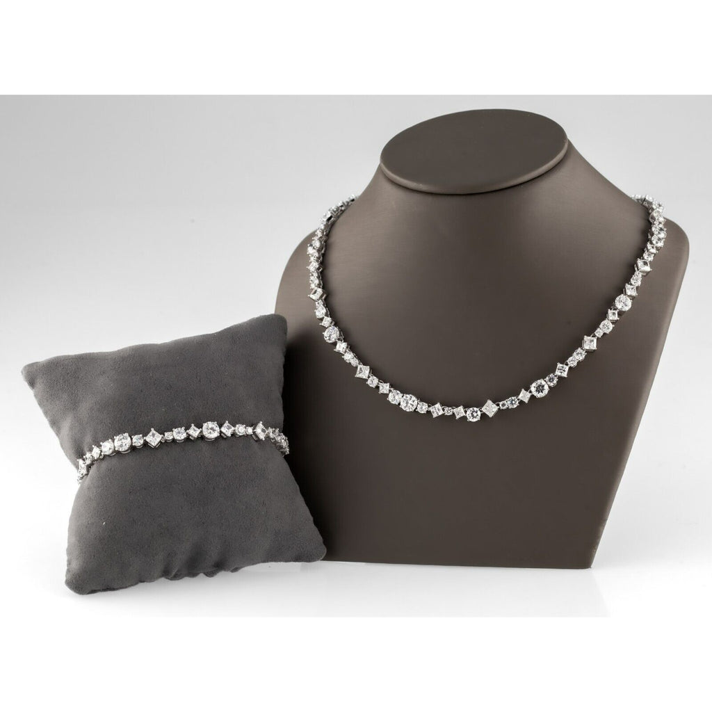 Gorgeous Sterling Silver CZ Tennis Necklace and Bracelet Set Multi-Cut Stones