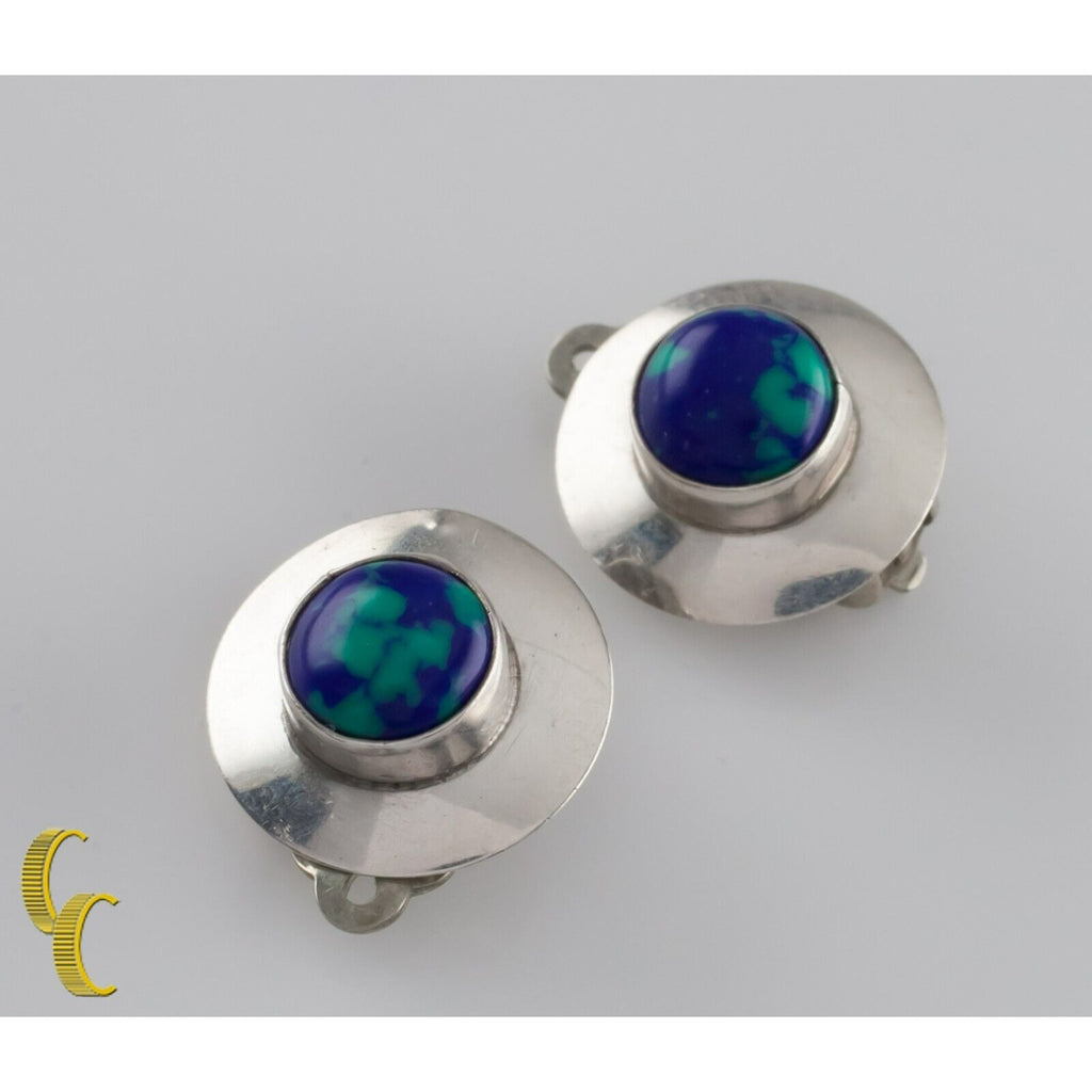 Sterling Silver Malachite Azurite Cabochon Clip-On Earrings in Disk Settings