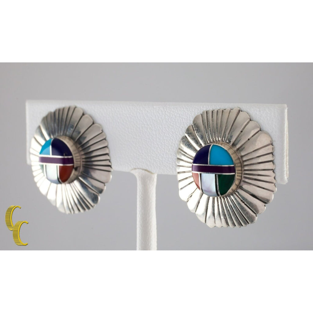 Sterling Silver Lapidary Inlay Sunburst Clip-On Earrings Gorgeous!