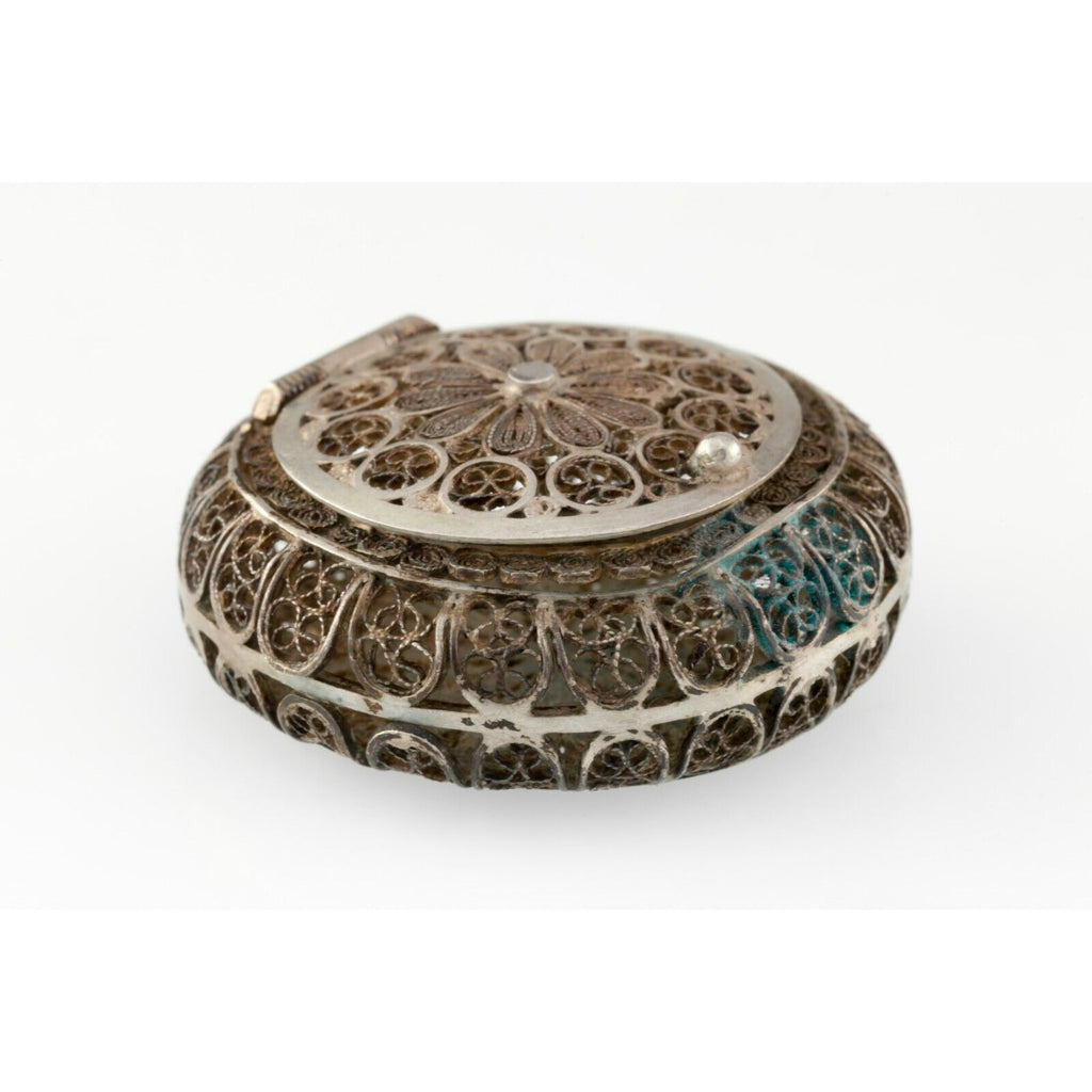 Silver Filigree Antique Pill Box With Sunflower Pattern
