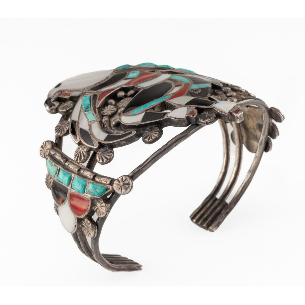 Vintage Zuni John Lucio Eagle Dancer Sterling Silver Inlay Cuff Bracelet