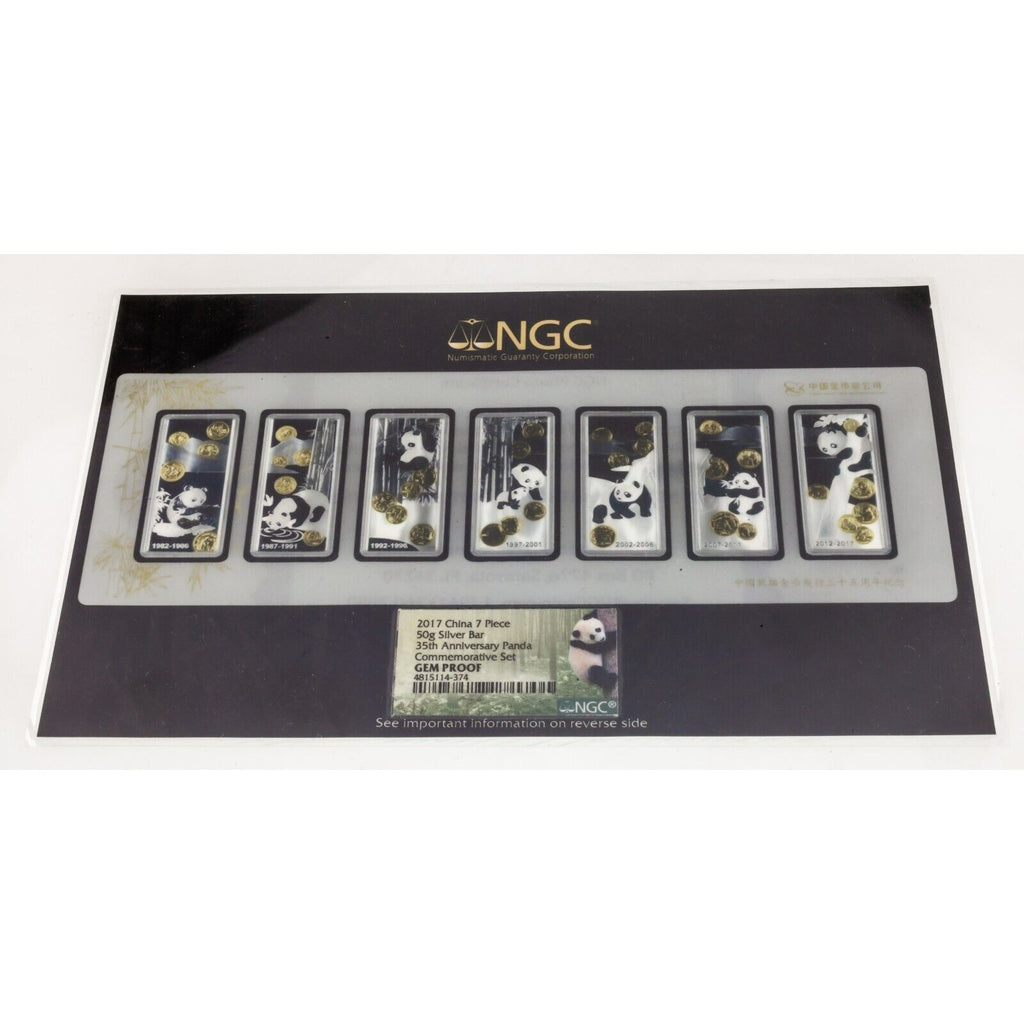 2017 China 7 Piece 50 gram Silver Bar 35th Anniversary Panda Set NGC Gem Proof