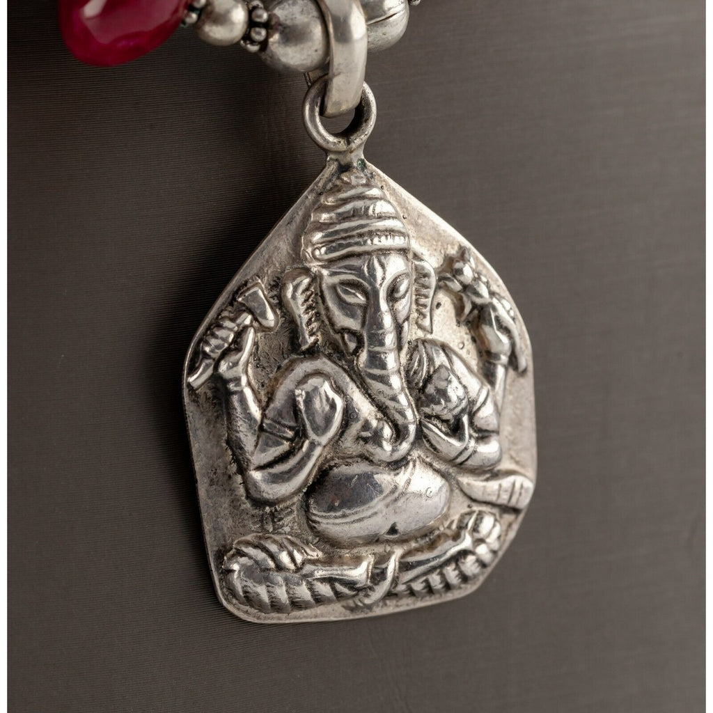 Unique Sterling Silver Tumbled Tourmaline Ganesha Repousse Pendant Necklace