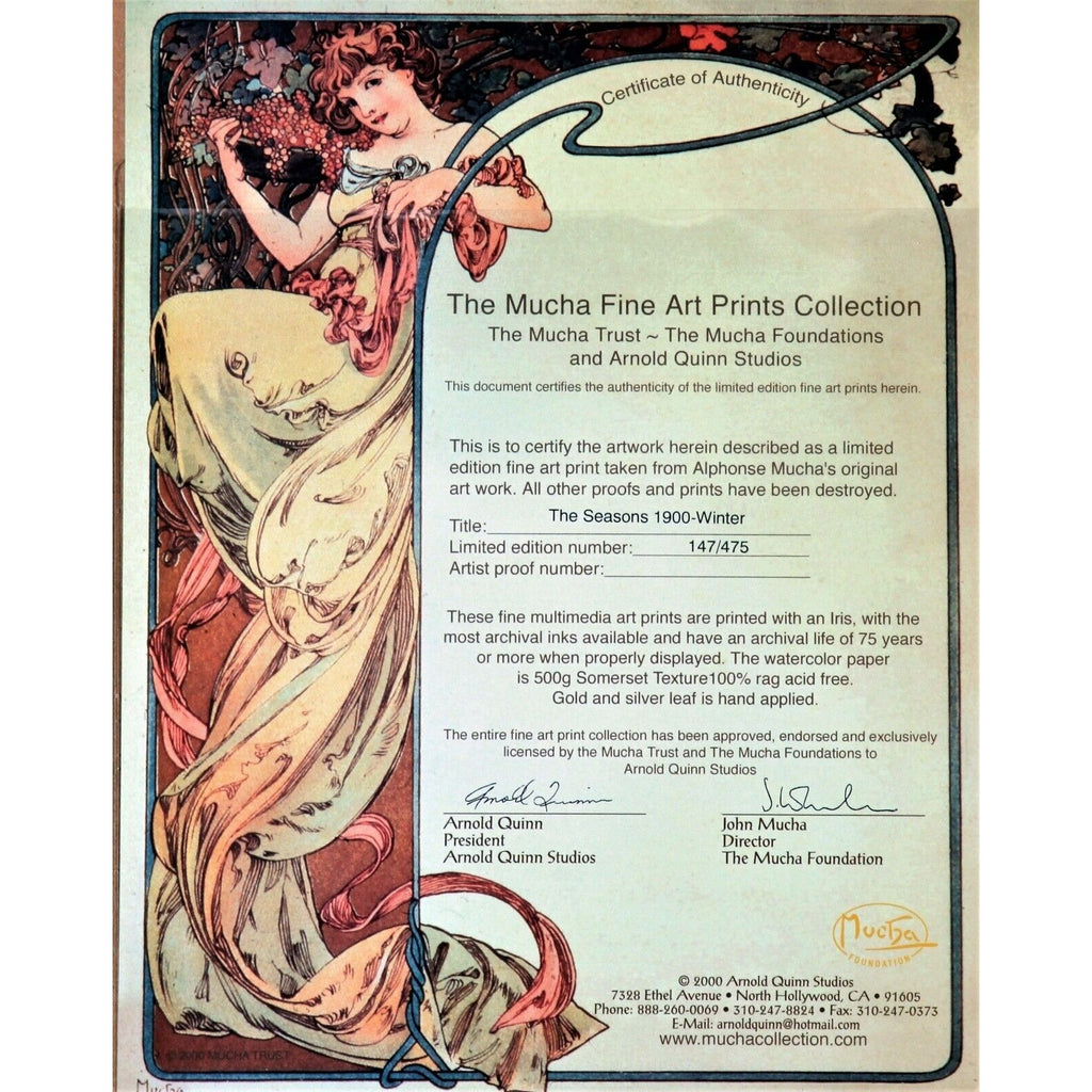 The Seasons: Winter (1900) by Alphonse Mucha Signed LE No. 147/475 Giclée