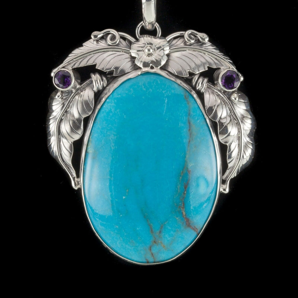 Amazing Turquoise & Amethyst Sterling Silver Pendant Set on a Floral Frame