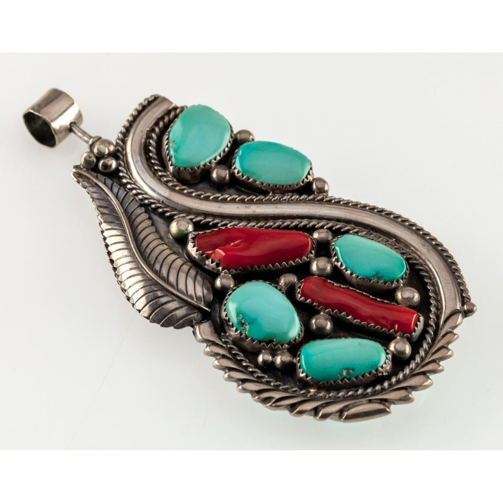 Rare! Navajo Sterling Turquoise & Coral Double-sided pendant 93 mm Long