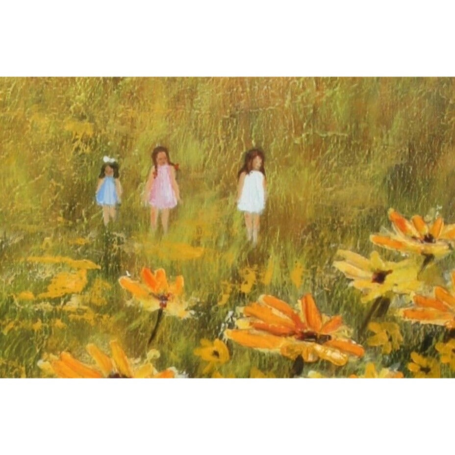 Lynne Heffner: Untitled - Children in Fields of Flowers Oil Painting Signed 1966