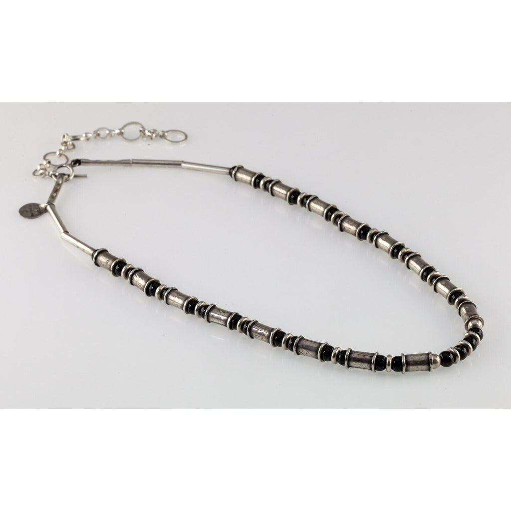 Sterling Silver Onyx Beaded Necklace with Toggle Clasp Adjustable 17"+