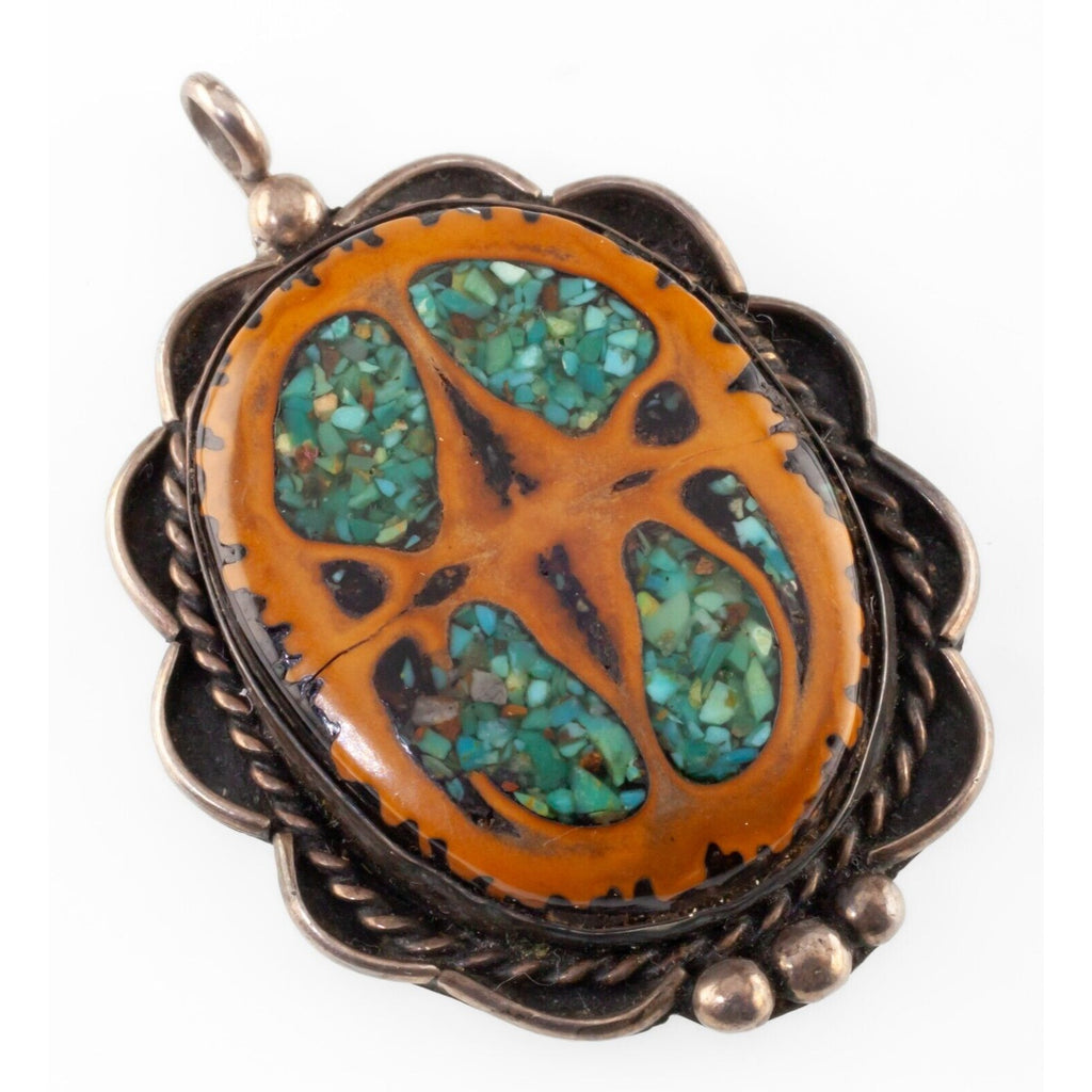 Navajo Sterling Silver Turquoise Walnut Inday Pendant Signed, Nice Wire work!