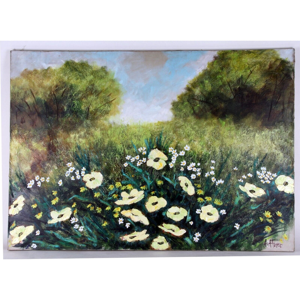 Lynne Heffner: Untitled - Flowers in a Field Signed Oil Painting on Canvas 1966