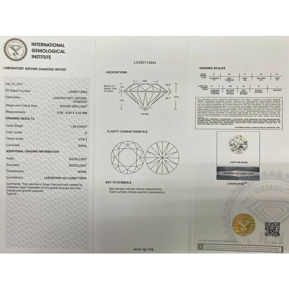 Lot of 2 CVD Lab Grown Round Cut Diamonds IGI Certified TCW = 2.19 Cts G VVS2