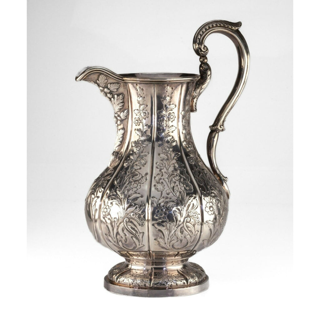 Gorgeous, Unique Coin Silver Repousse Water Pitcher by Lincoln & Foss ~1850s
