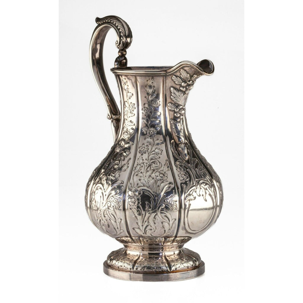 Gorgeous, Unique Coin Silver Repousse Water Pitcher by Lincoln & Foss ~1850s