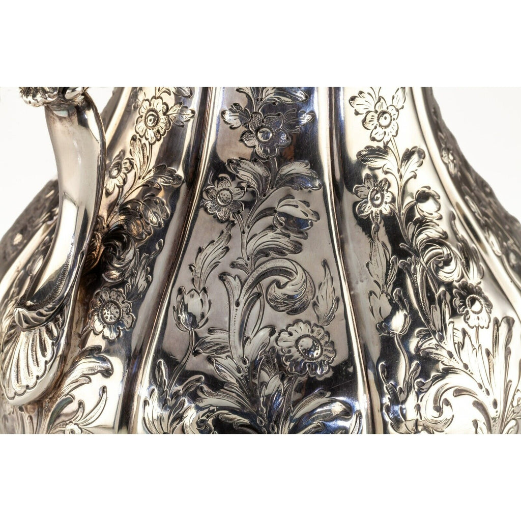 Gorgeous, Unique Coin Silver Repousse Water Pitcher by Lincoln & Foss ~1850s