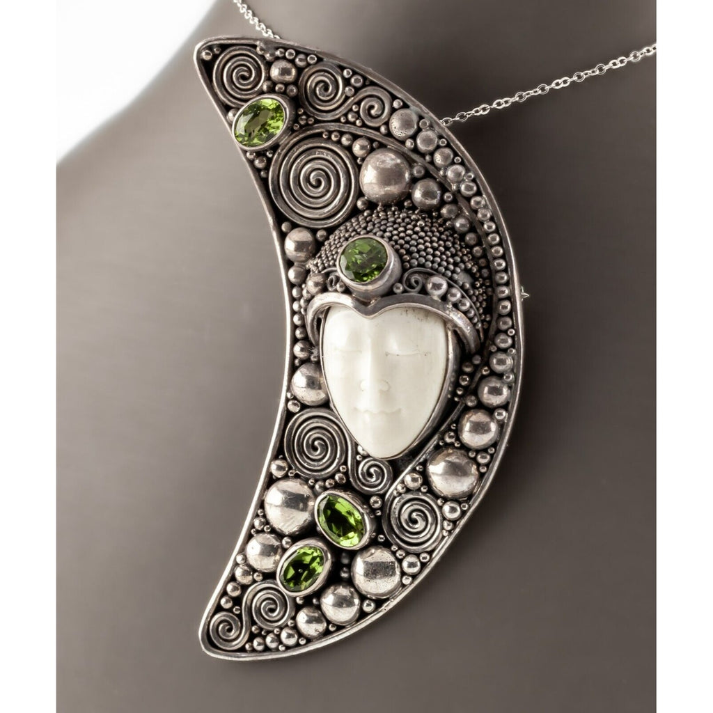 Carved Goddess Sterling Pendant w/ Yellow Green Demantoid Stones, 72mm Tall