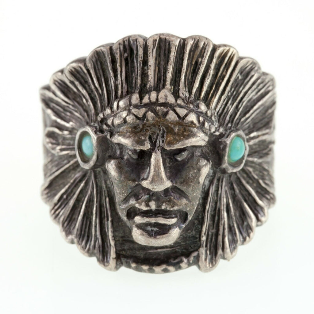 Vintage Native American Chief Sterling Silver Ring w/ Turquoise Accents SZ 11