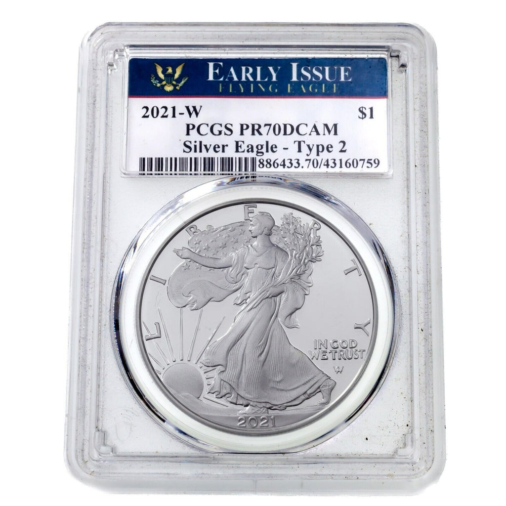 2021-W S$1 Silver American Eagle Proof Graded by PCGS as PR70DCAM Early Issue T2