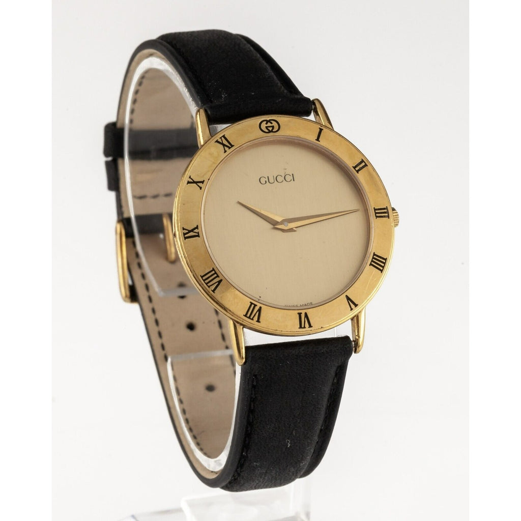 Gucci Gold-Plated Men's Quartz Dress Vintage Watch w/ Leather Band 3000.2 M