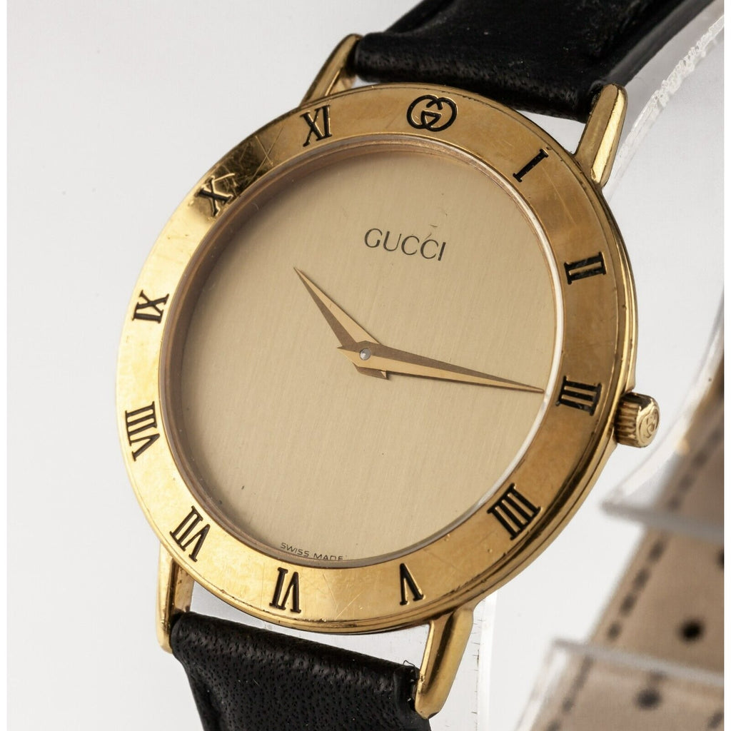 Gucci Gold-Plated Men's Quartz Dress Vintage Watch w/ Leather Band 3000.2 M