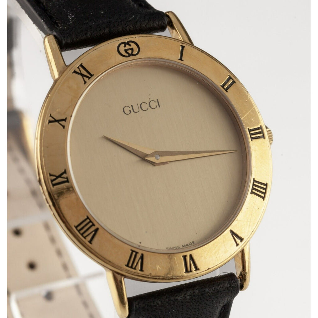 Gucci Gold-Plated Men's Quartz Dress Vintage Watch w/ Leather Band 3000.2 M