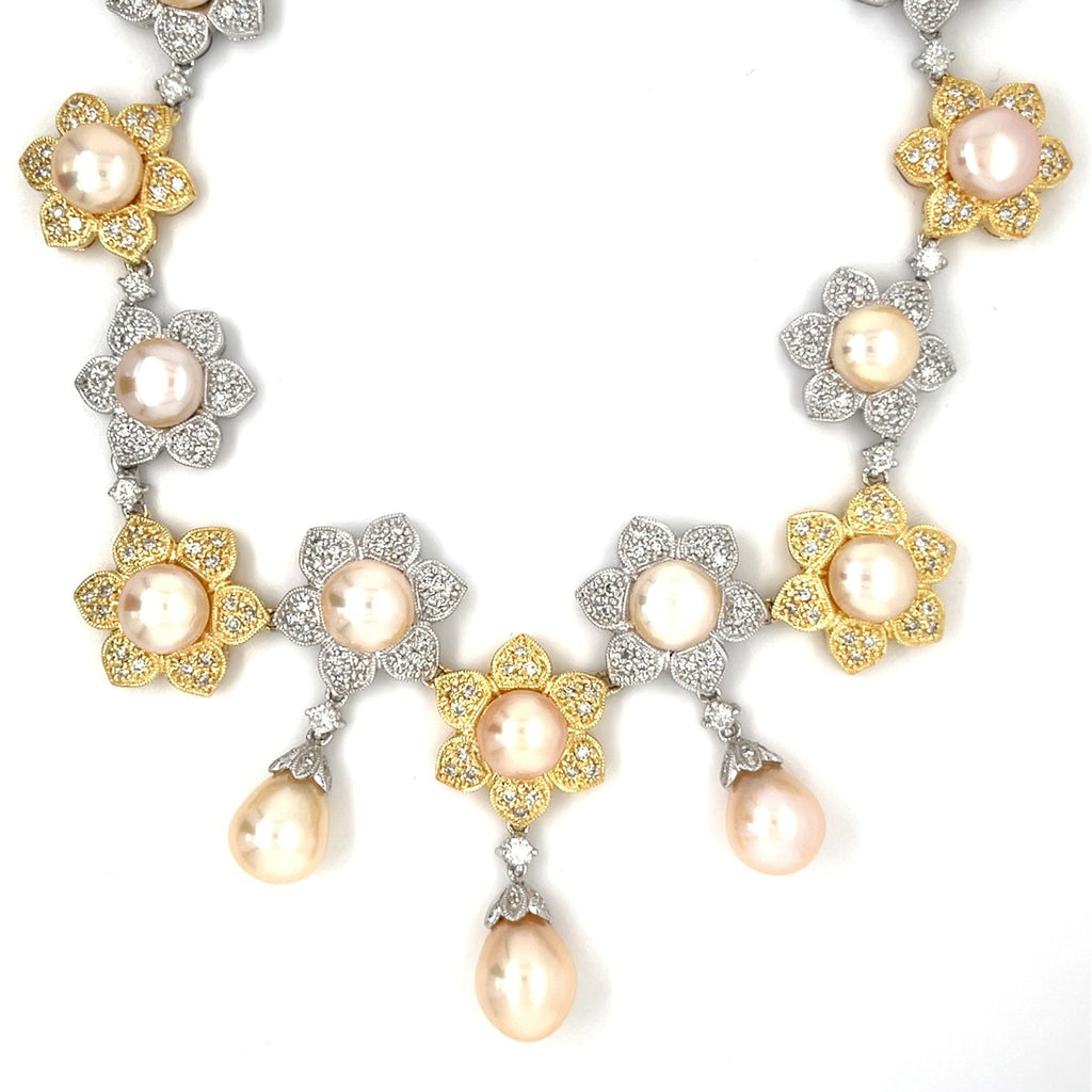 18k Two-Tone Gold & Pearl Flower Bib Necklace w/ Diamond Accents, Length 17"