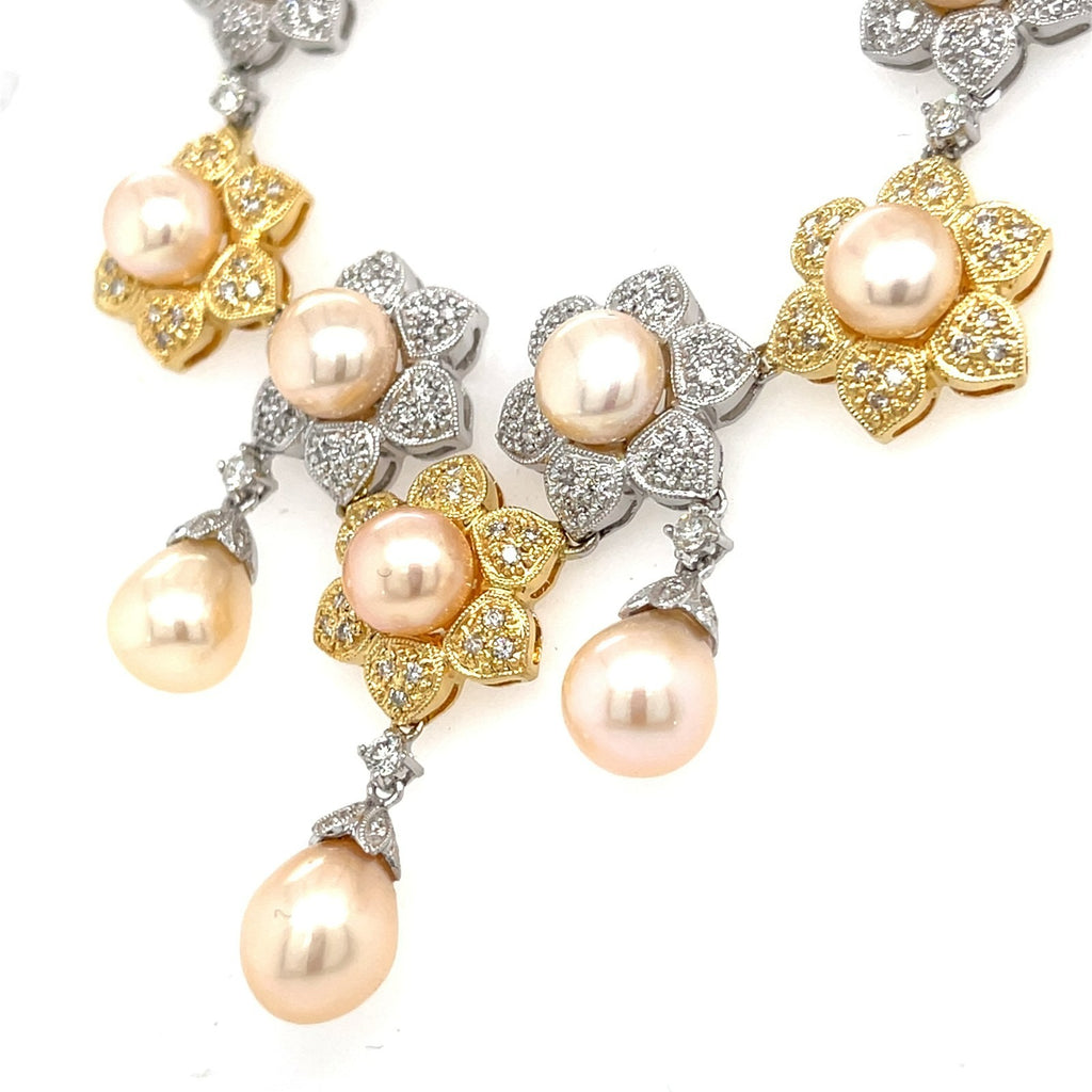 18k Two-Tone Gold & Pearl Flower Bib Necklace w/ Diamond Accents, Length 17"