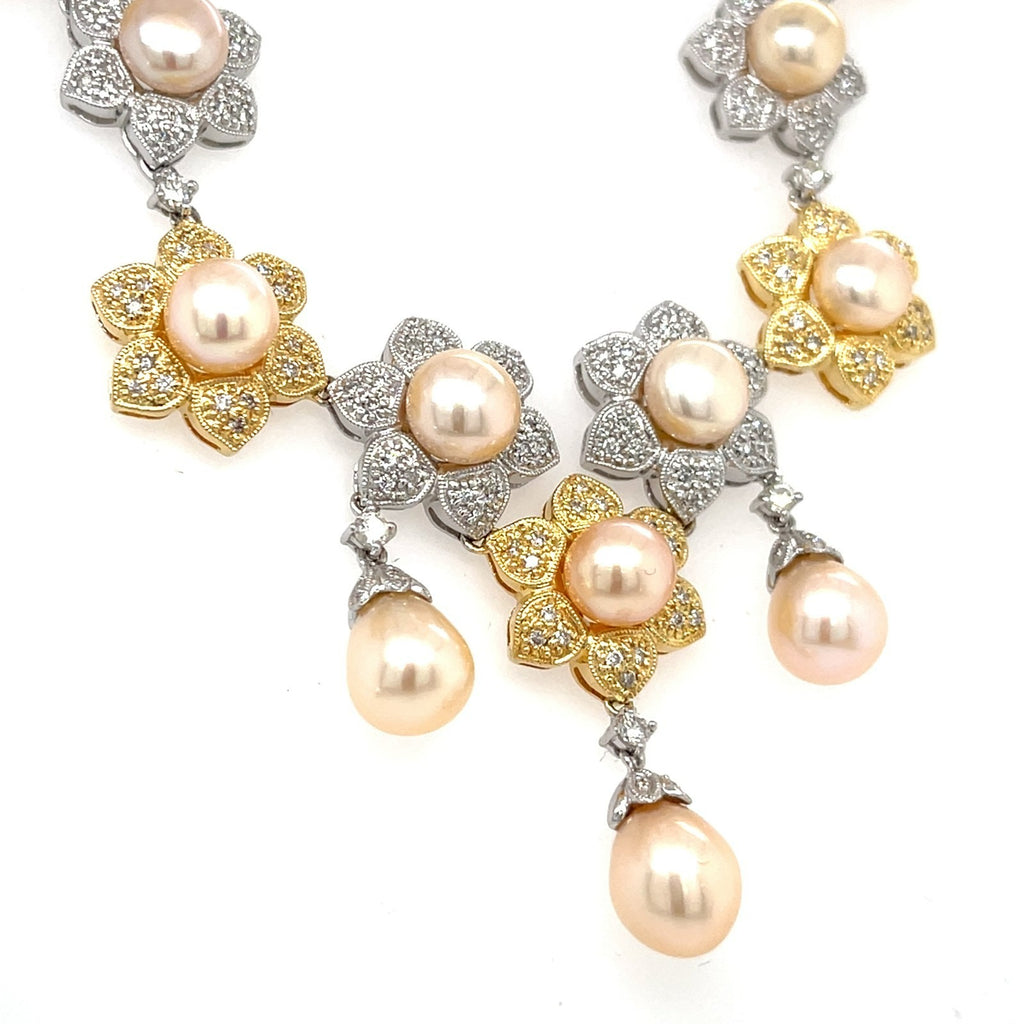 18k Two-Tone Gold & Pearl Flower Bib Necklace w/ Diamond Accents, Length 17"