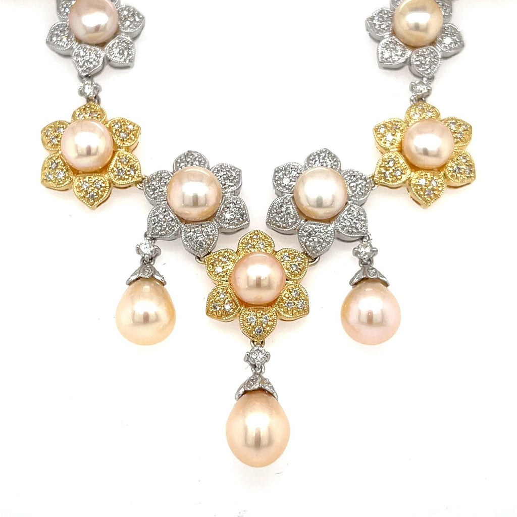 18k Two-Tone Gold & Pearl Flower Bib Necklace w/ Diamond Accents, Length 17"
