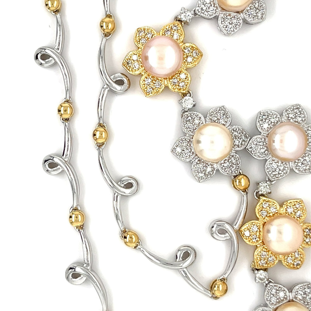 18k Two-Tone Gold & Pearl Flower Bib Necklace w/ Diamond Accents, Length 17"