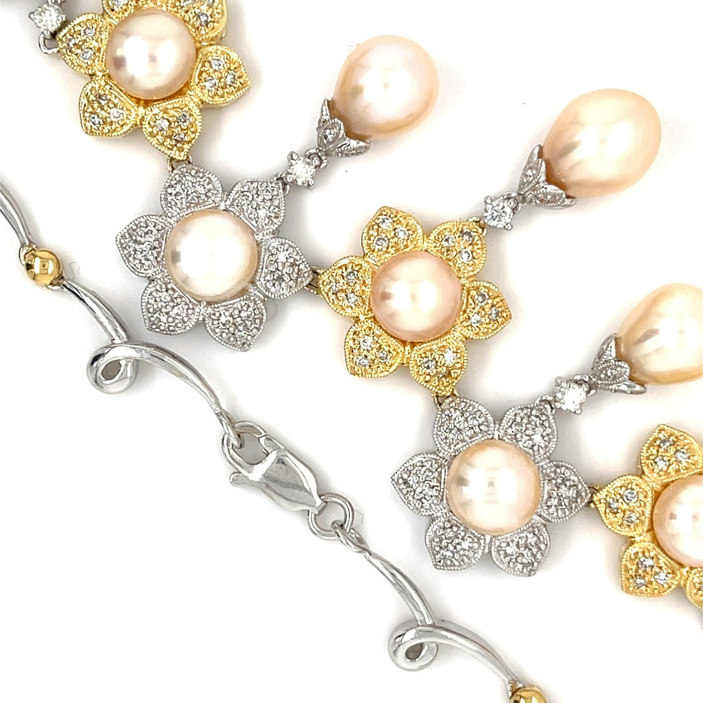 18k Two-Tone Gold & Pearl Flower Bib Necklace w/ Diamond Accents, Length 17"