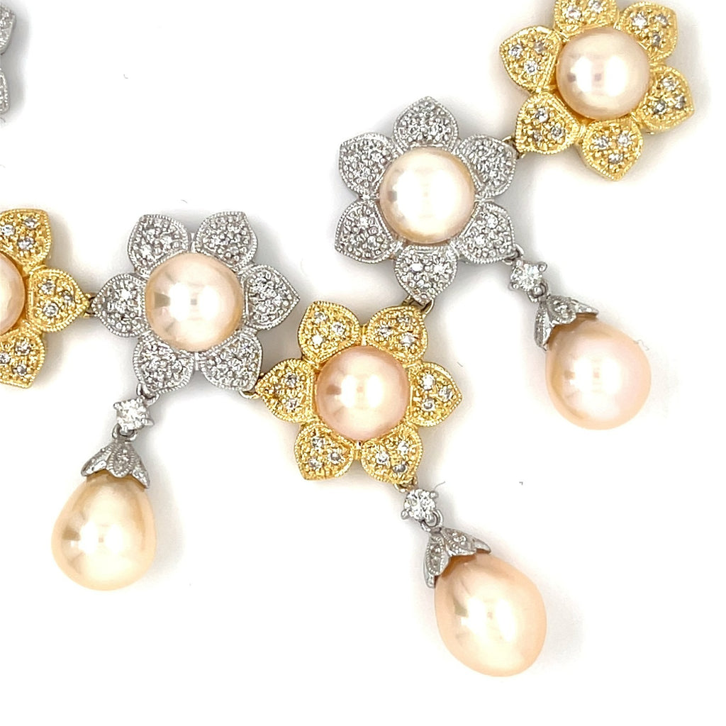 18k Two-Tone Gold & Pearl Flower Bib Necklace w/ Diamond Accents, Length 17"