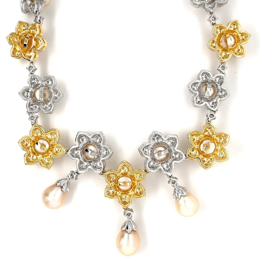 18k Two-Tone Gold & Pearl Flower Bib Necklace w/ Diamond Accents, Length 17"